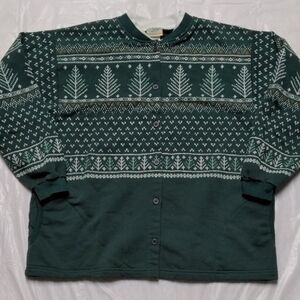 Vintage Made In USA Christmas Green Button Front Grannycore Sweatshirt Trees Lg